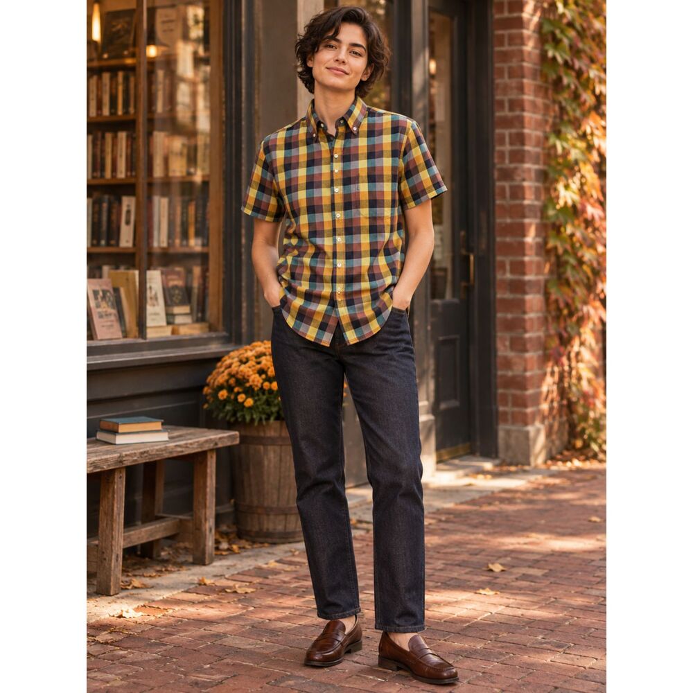 KARDO Wildfang Shirt Womens S Plaid Mustard Teal Short Sleeve Button Up Preppy